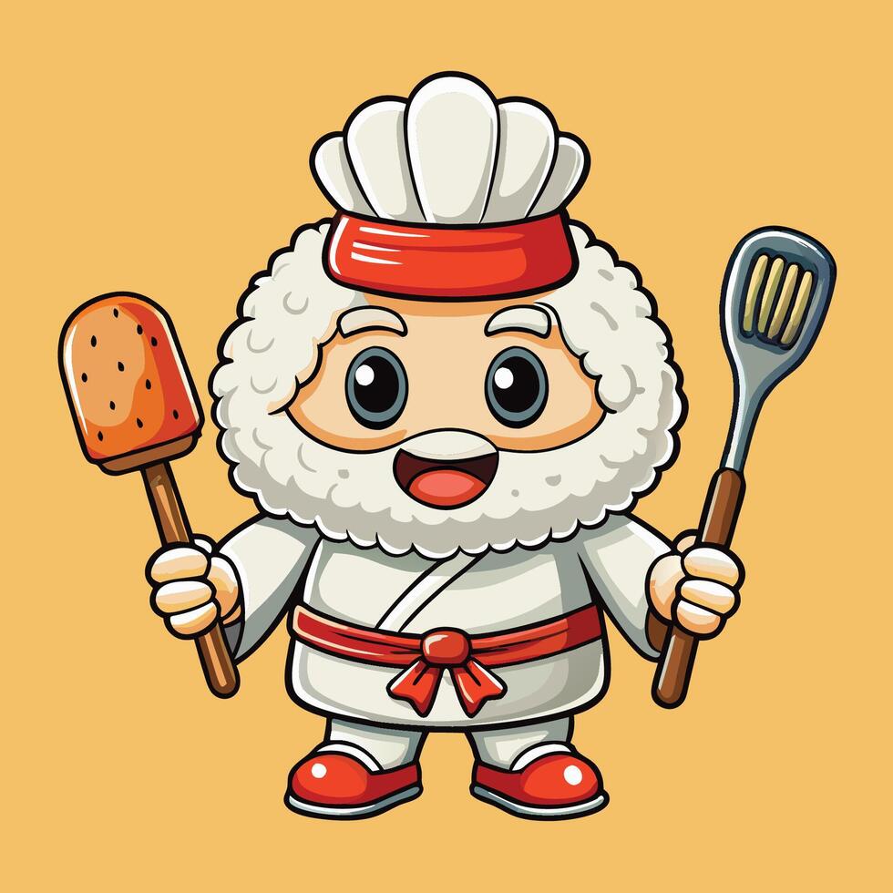 Adorable Onigiri Sushi Chef Cunningly Wields Spatula in Cartoonish Delight vector
