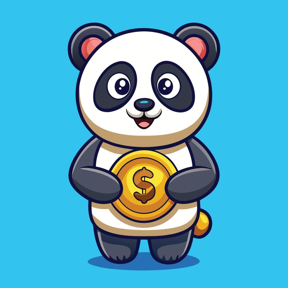 Adorable Panda Clutching a Golden Coin A Cartoon Icon for Financial Success and Cuteness vector