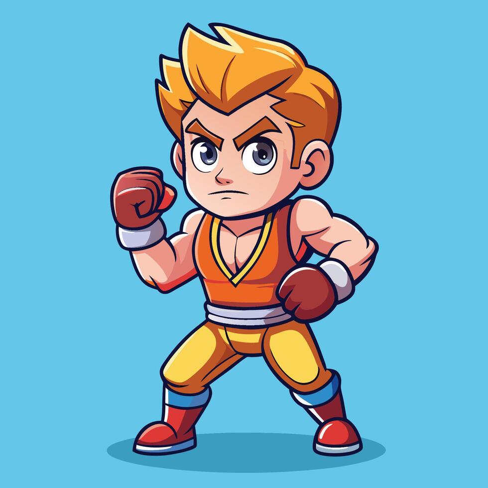 Fighting Cute Cartoon Man Icon Illustration with Sword and Shield vector