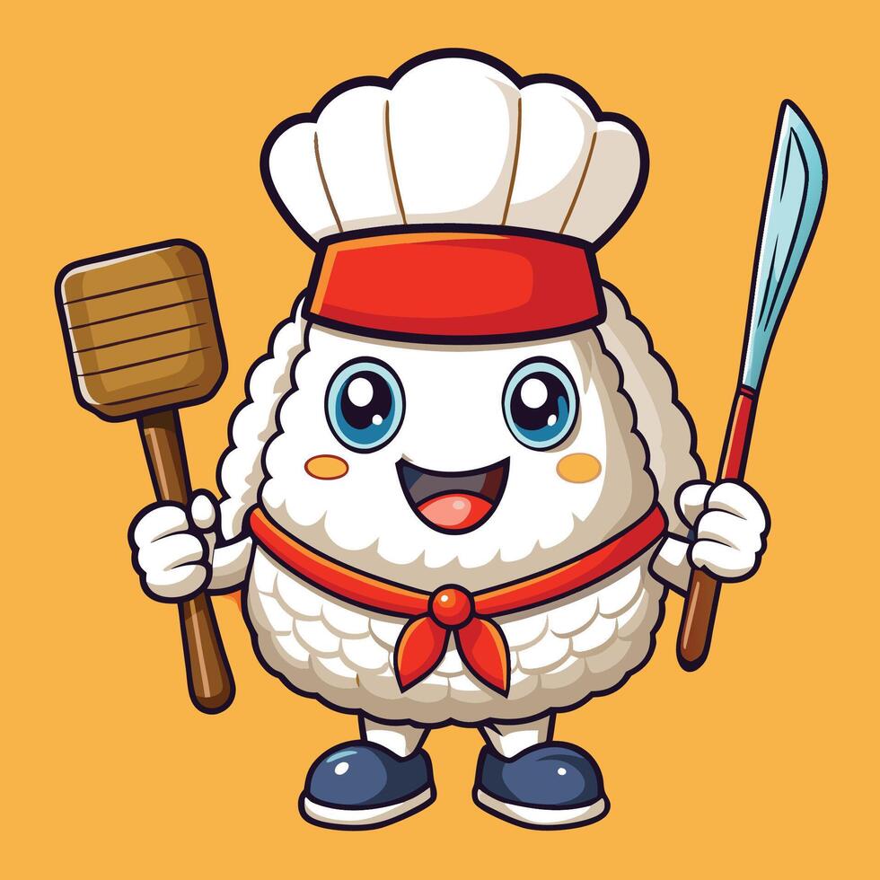 Adorable Sushi Chef Onigiri Character Holding Spatula Cartoon Style vector
