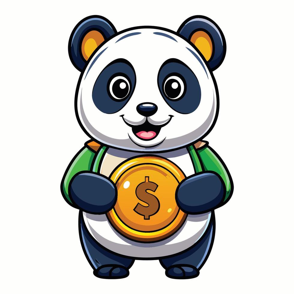 Adorable Cartoon Icon Cute Panda Bear Embracing a Gold Coin in a Joyful Pose vector