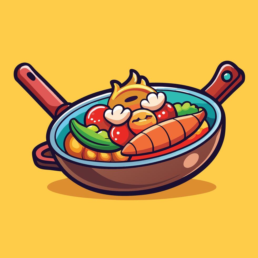 Cartoon Illustration of Beef and Shrimp Cooking on a Pan Icon vector