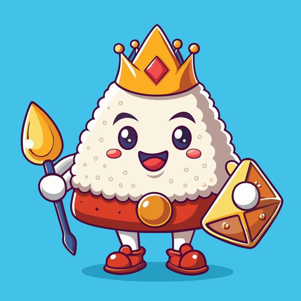 Crowned Onigiri King Sushi Cartoon Character in a Victory Pose vector