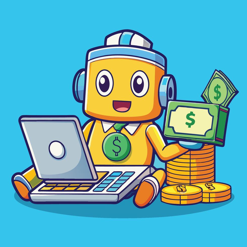 Adorable Cartoon Money Character Diligently Working on a Laptop vector