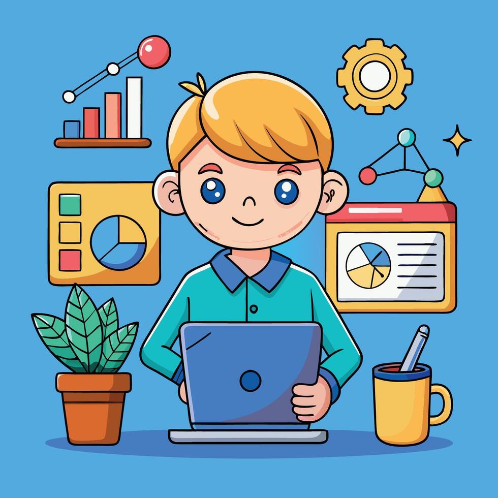 Adorable Money Character Diligently Working on Laptop with Coffee by its Side vector