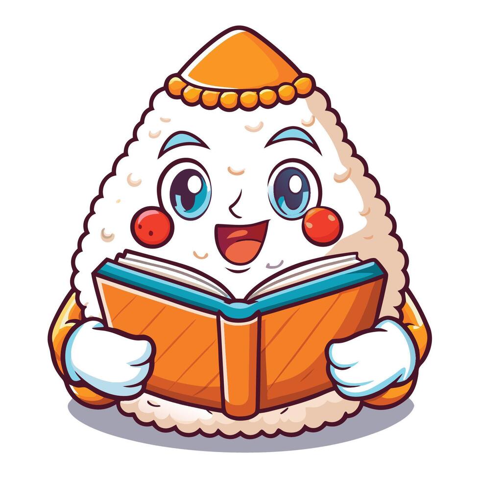 Adorable Sushi Onigiri Cartoon Character Reading a Book, Illustration vector