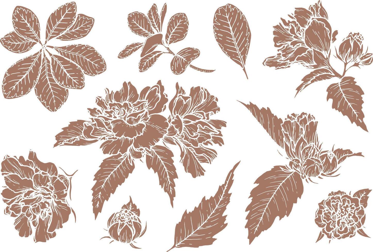Set of silhouette floral illustration in the 2025 color of the year Mocha Mousse. Hand drawn botanical elegant elements with brown tone. Perfect for creating trendy graphic resource and designs. vector