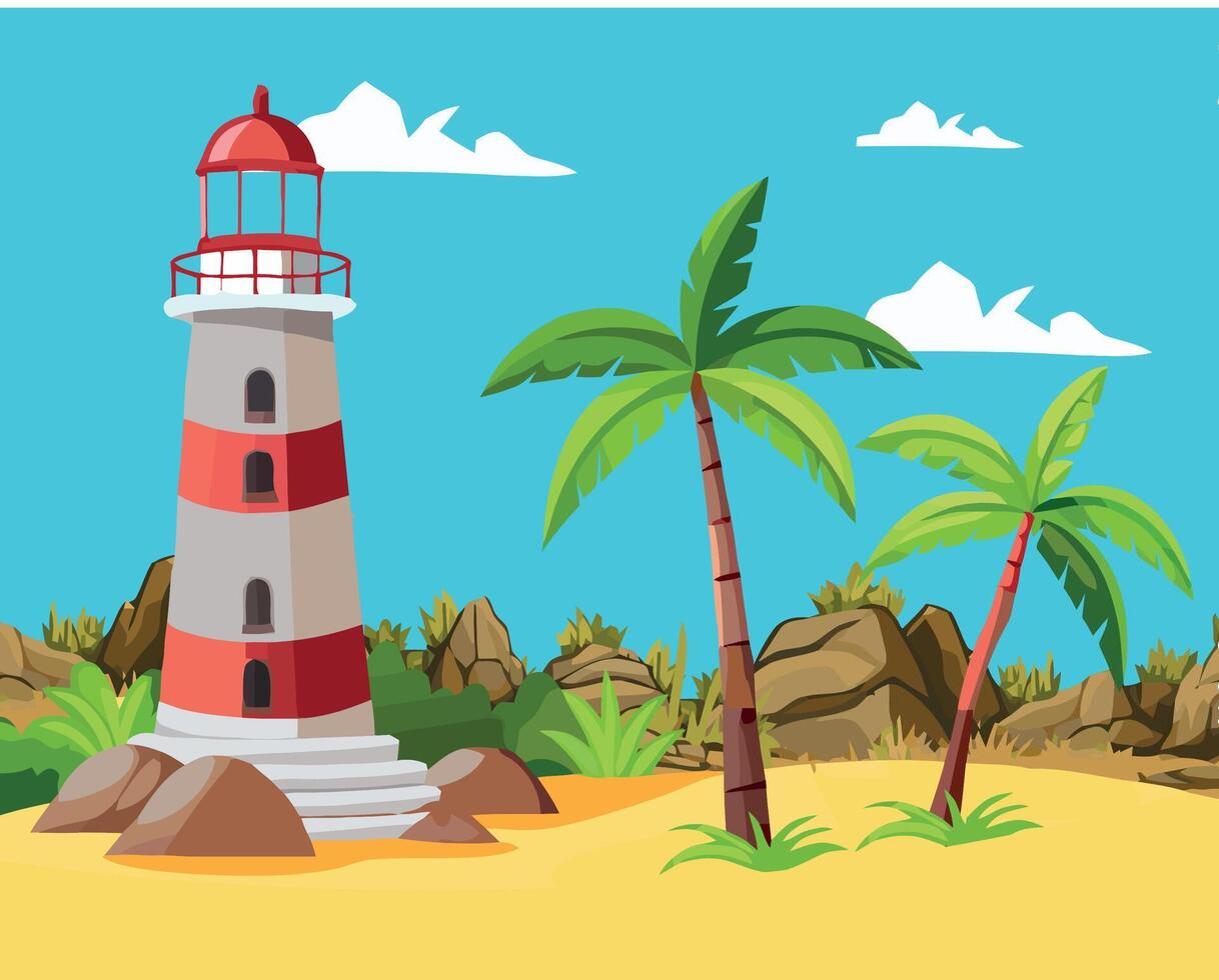 Lighthouse on the beach with palm trees and rocks vector