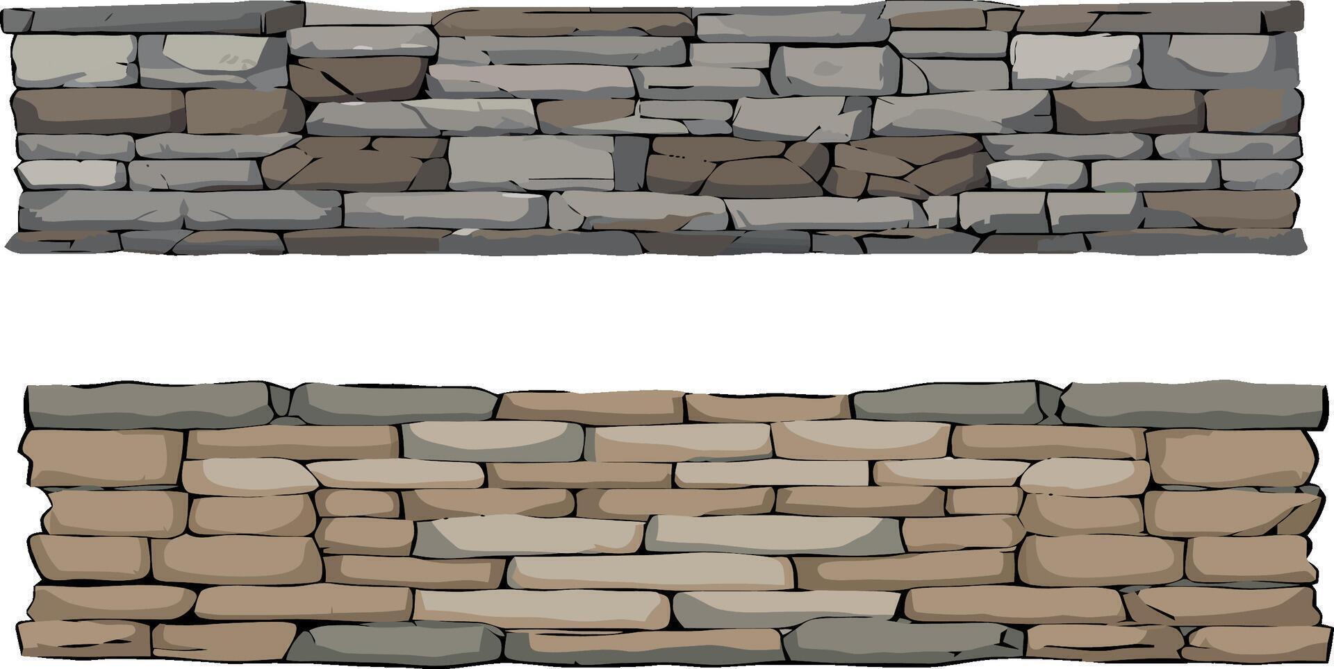 Two horizontal stone walls showing different types of stone and bricklaying techniques isolated on white vector