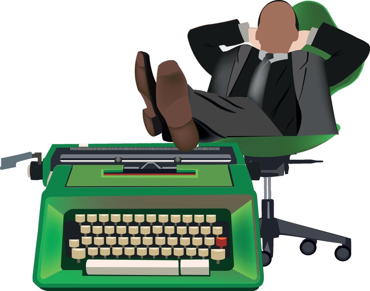 A man in a suit and tie sitting on a green chair with a typewriter vector