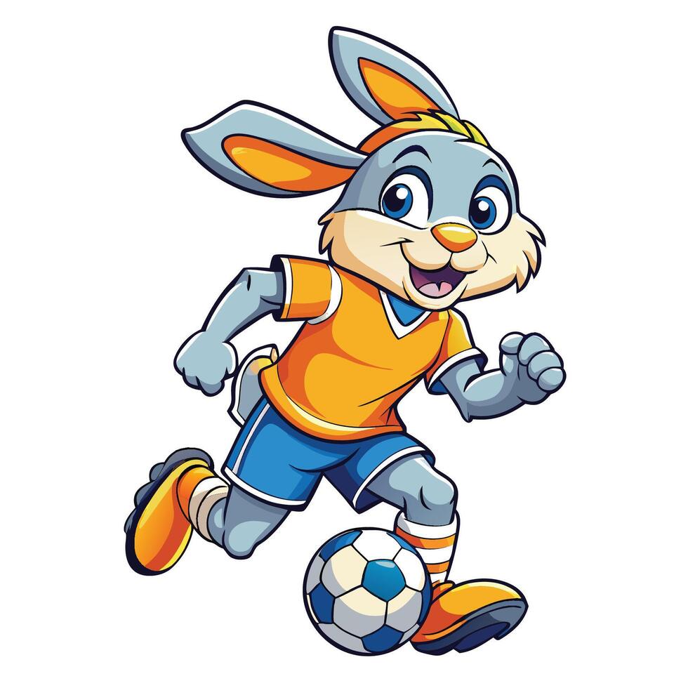 Playful Rabbit Kicking Soccer Ball in Cartoon Illustration vector