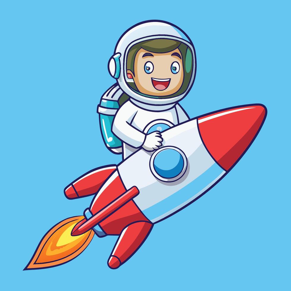 Enchanting Cartoon Icon Depicting an Astronaut Soaring through Space on a Rocket vector