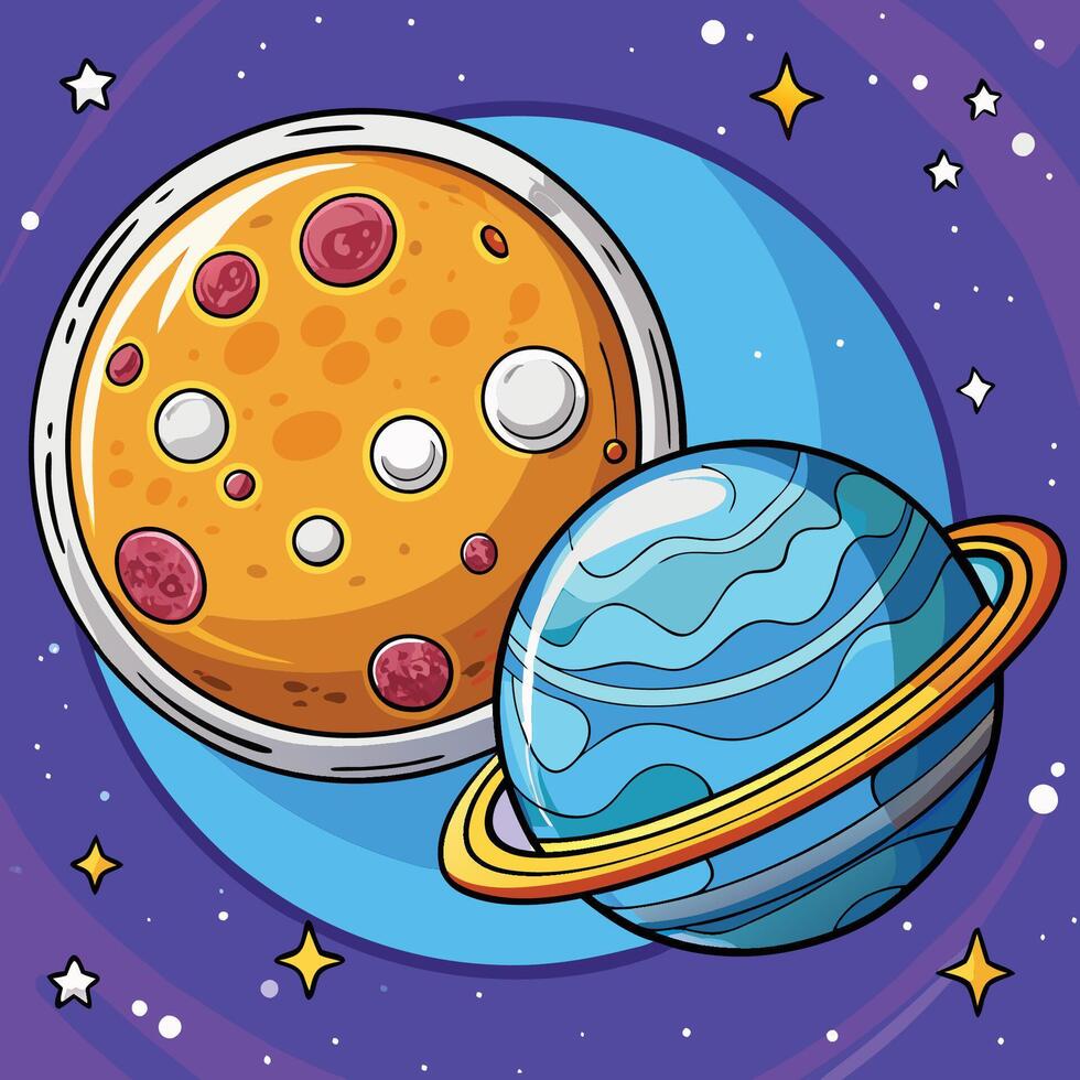 Dreamy Nighttime Space Landscape with Cartoonish Moon and Planet vector