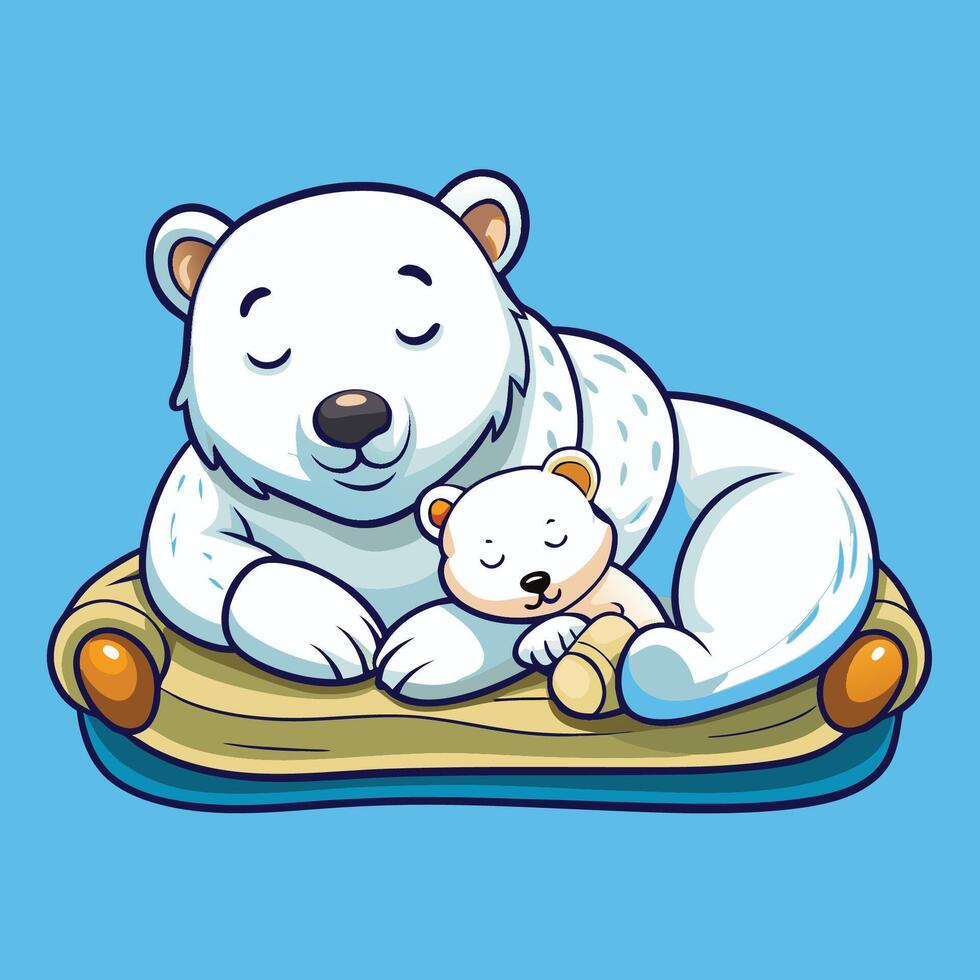 Adorable Polar Bear Father and Cub Snuggling and Napping in Arctic Snow vector