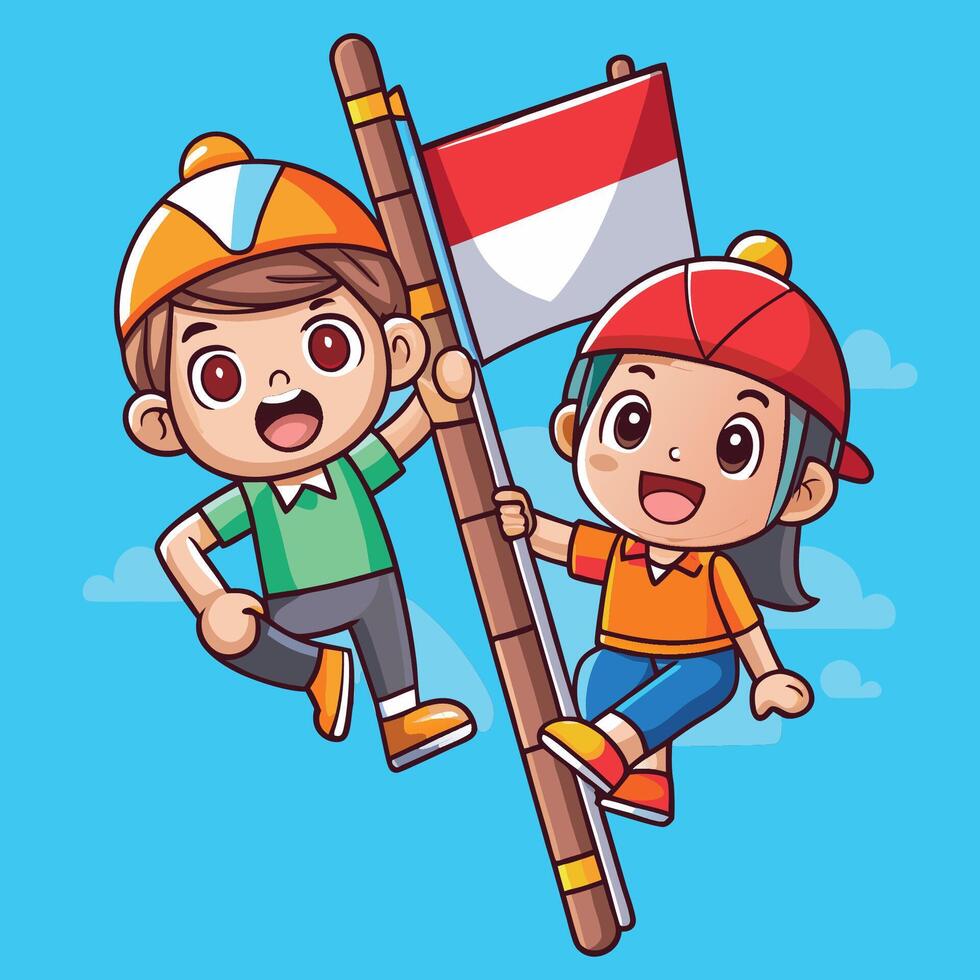 Kids Having Fun Climbing a Greasy Pole in Indonesia vector
