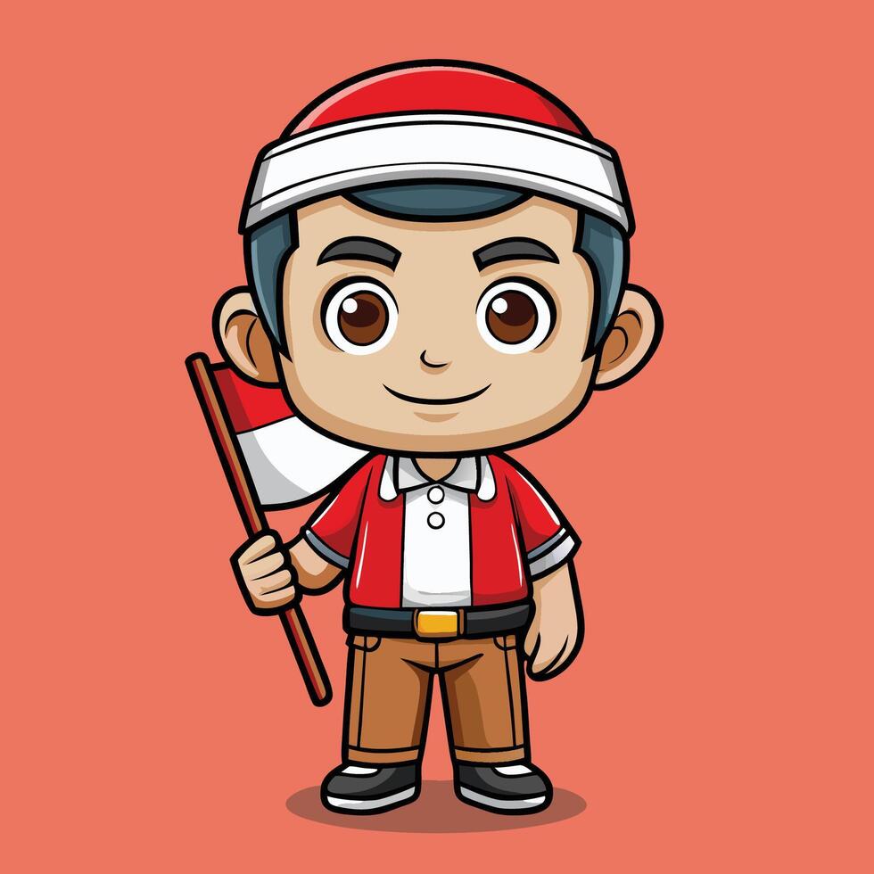 Cute Cartoon Man Holding the Indonesian Flag Icon vector