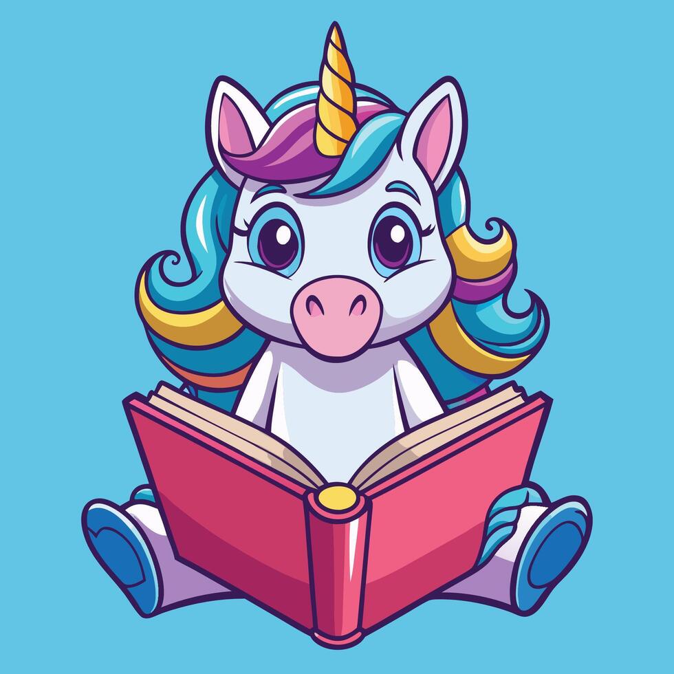 Adorable Unicorn Reading a Book Embracing Knowledge and Imagination vector