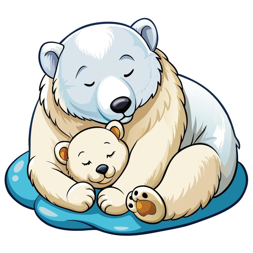 Adorable Polar Bear Mother and Her Baby Cub Snuggling Together in a Serene Embrace vector