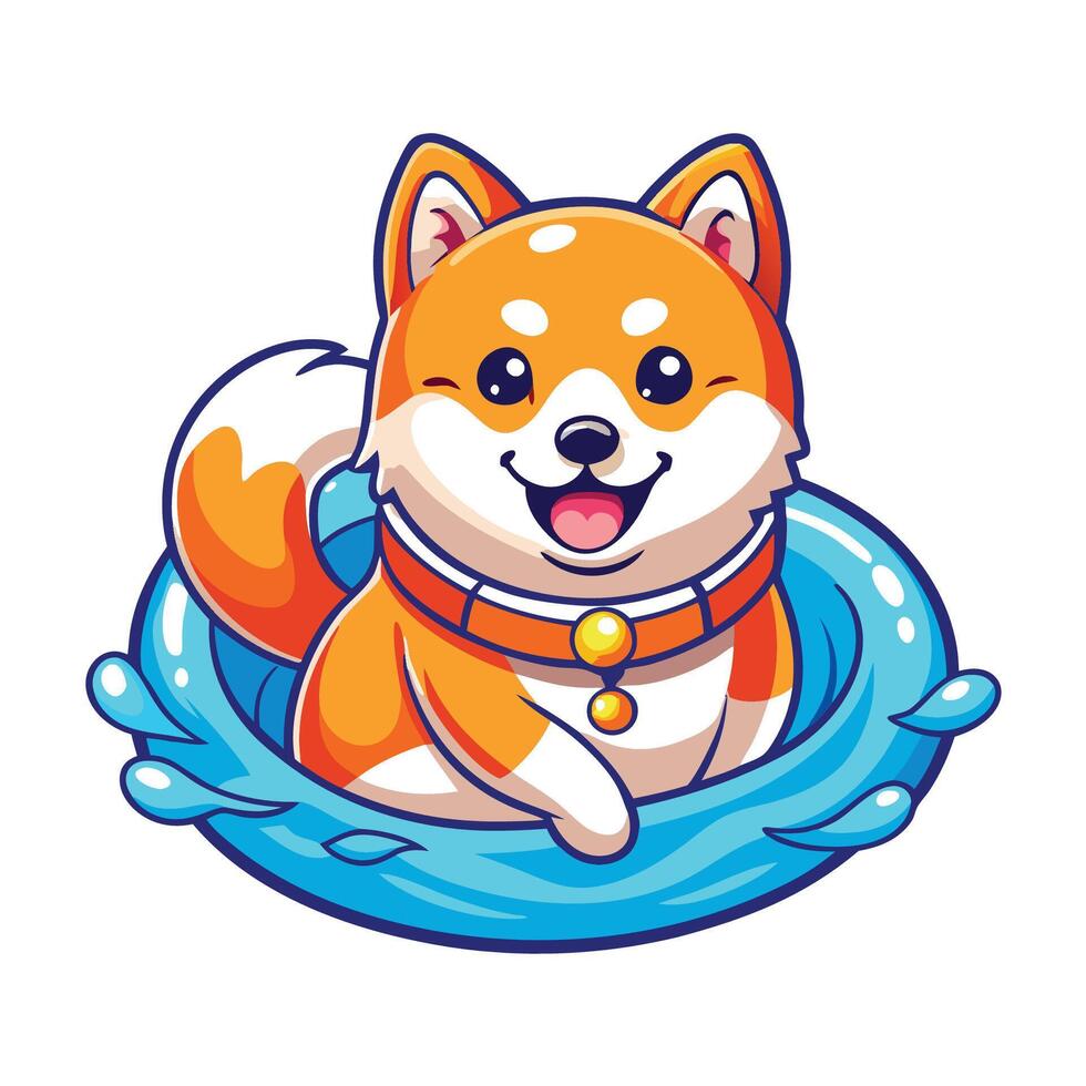Adorable Shiba Inu Dog Splashing in the Water Cartoon Illustration vector