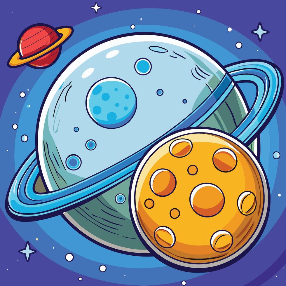 Whimsical Space Canvas with Moon and Planet Cartoon Illustration vector