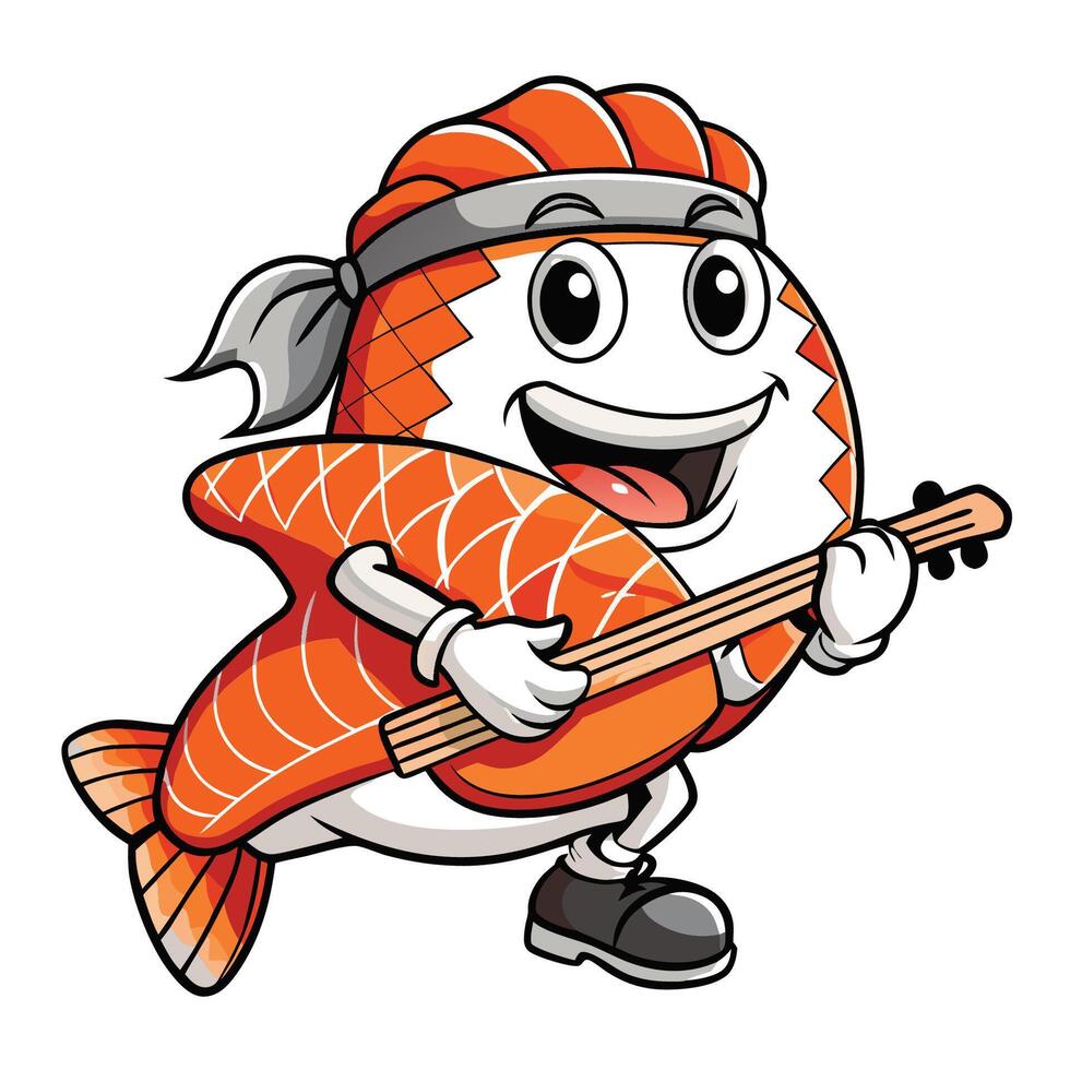 Delightful Cartoon Sushi Salmon Rocking a Guitar in a Fun Pose vector