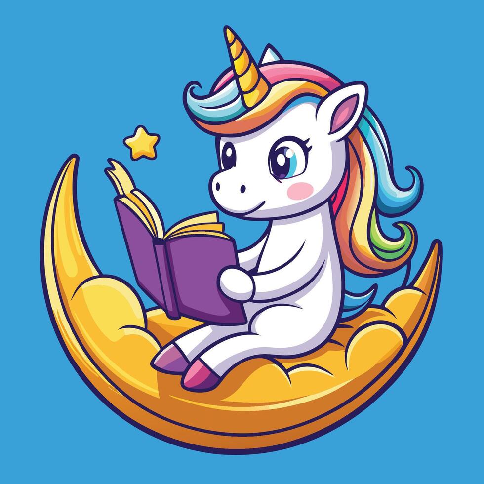 Adorable Unicorn Reading on Moonlit Night in Cartoon Style Illustration vector