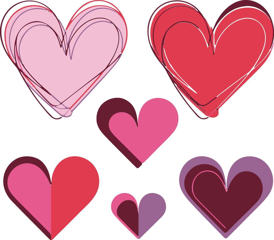 Set of red hearts in different pose. Collection of heart with different style. vector
