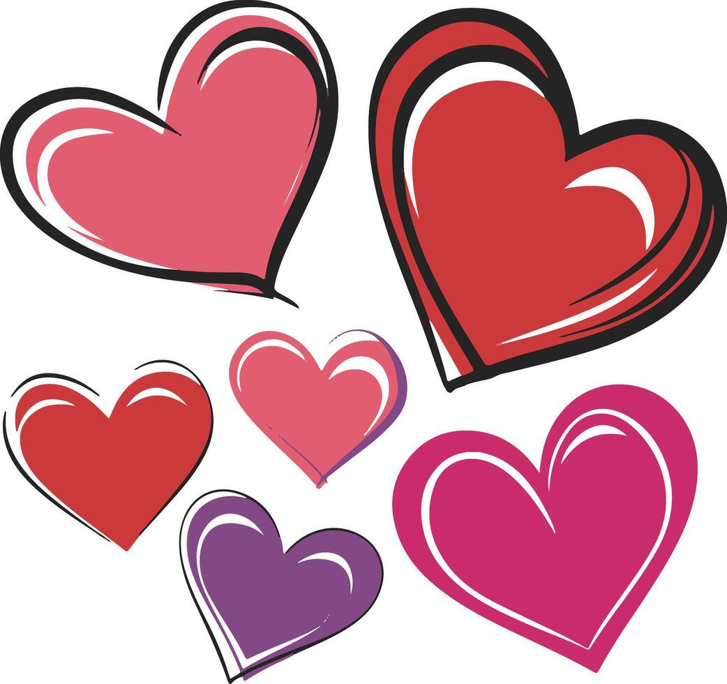 Set of red hearts in different pose. Collection of heart with different style. vector