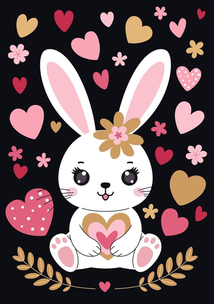 Valentines day romantic greeting card. White cute bunny holds a heart in his paws. Dark background with flower and hearts. vector