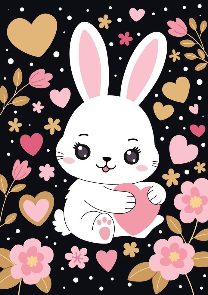 Valentines day greeting card. White cute bunny holds a heart in his paws. Dark background with hears and flowers. Trendy style. vector