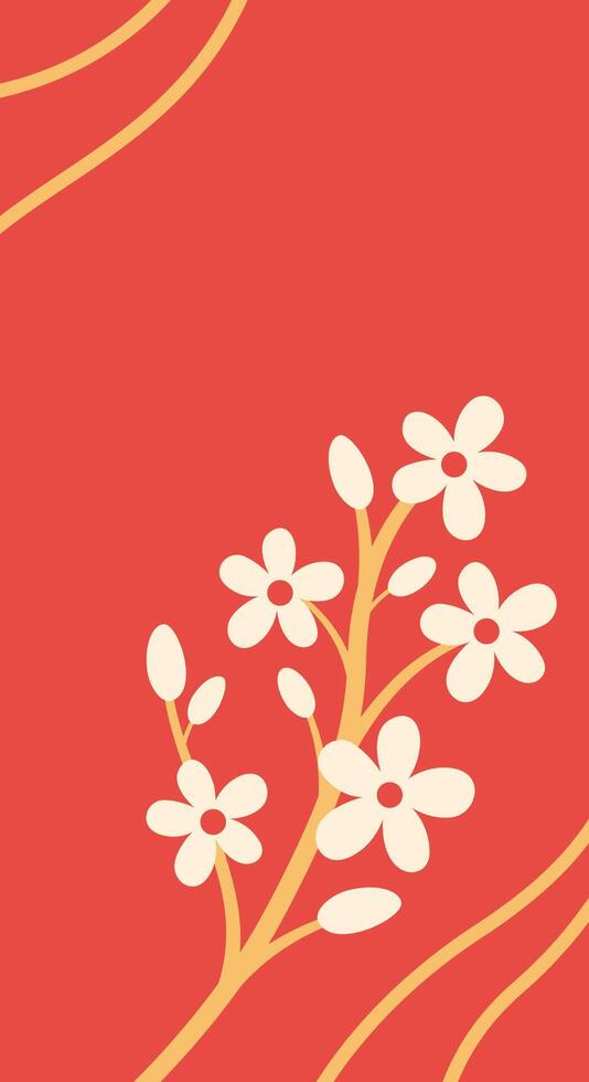 Red vertical background with beautiful tree branch with flowers and golden stripes. Template for Chinese New Year and other holidays. vector