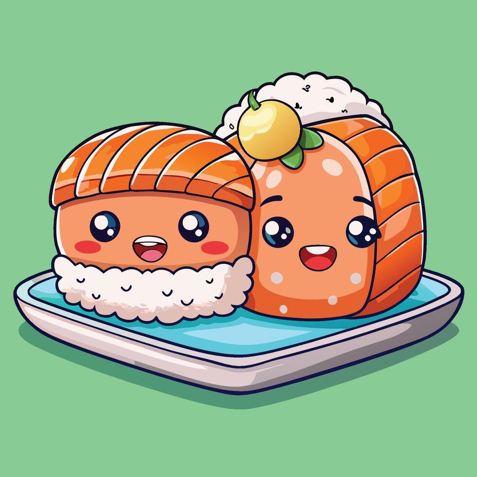 Adorable Couple Sushi Salmon and Maki Roll on a Plate vector