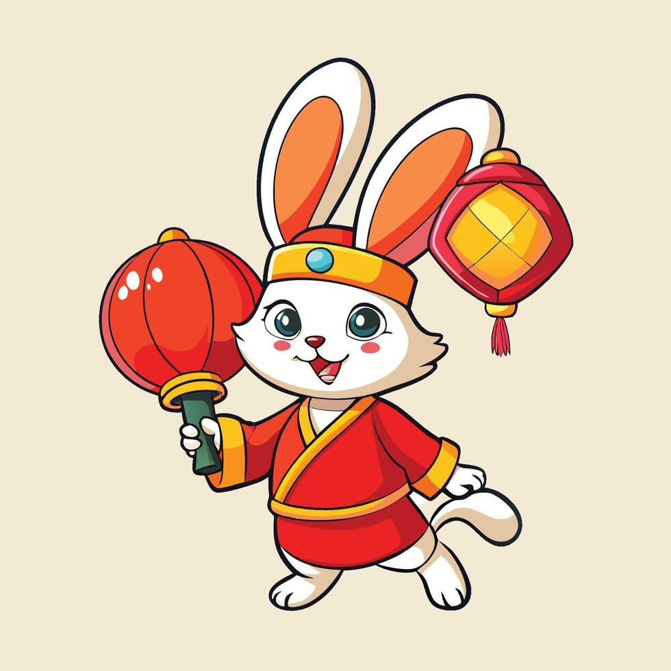 Adorable Chinese Rabbit Holding a Paper Lantern in a Playful Cartoon Illustration vector