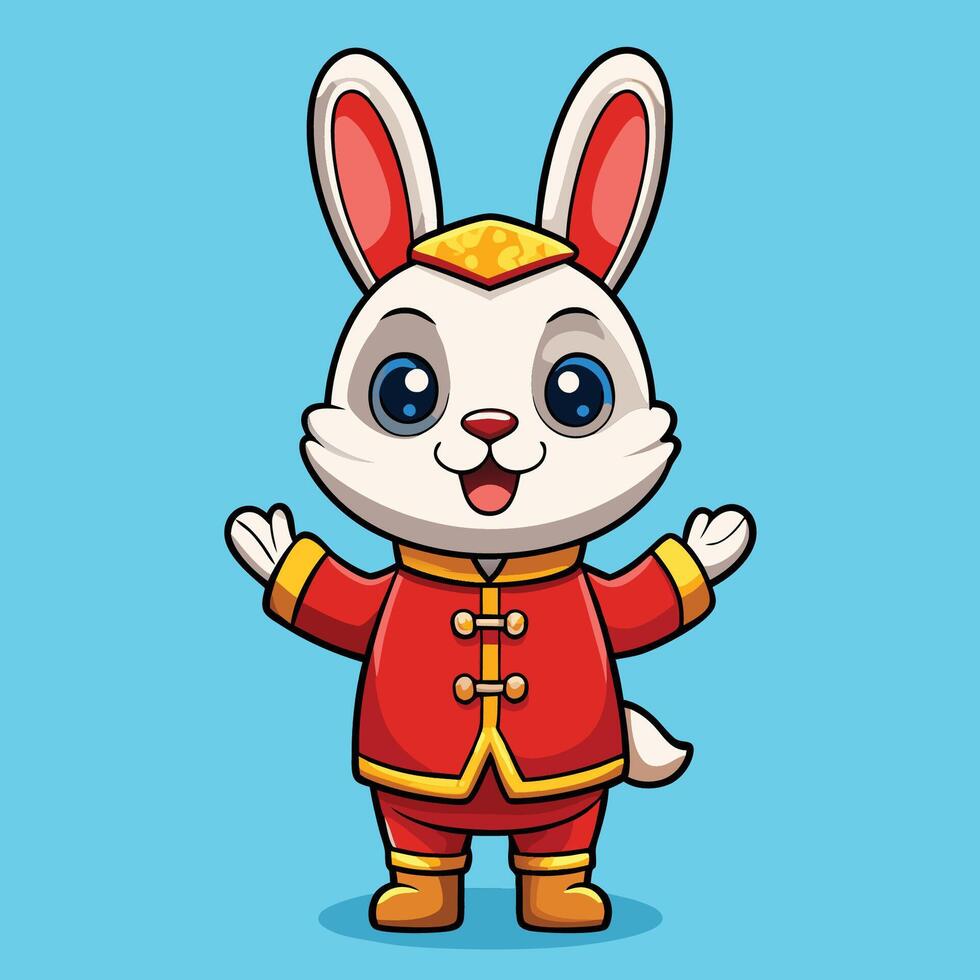 Adorable Cartoon Chinese Rabbit Icon with Greeting Gesture vector