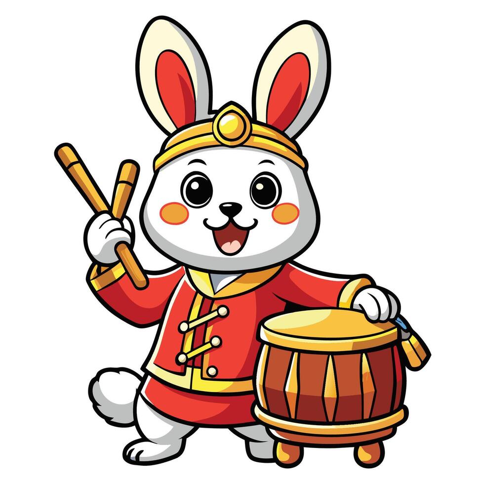 Adorable Chinese Rabbit Drumming with Stick in Cartoon Style vector