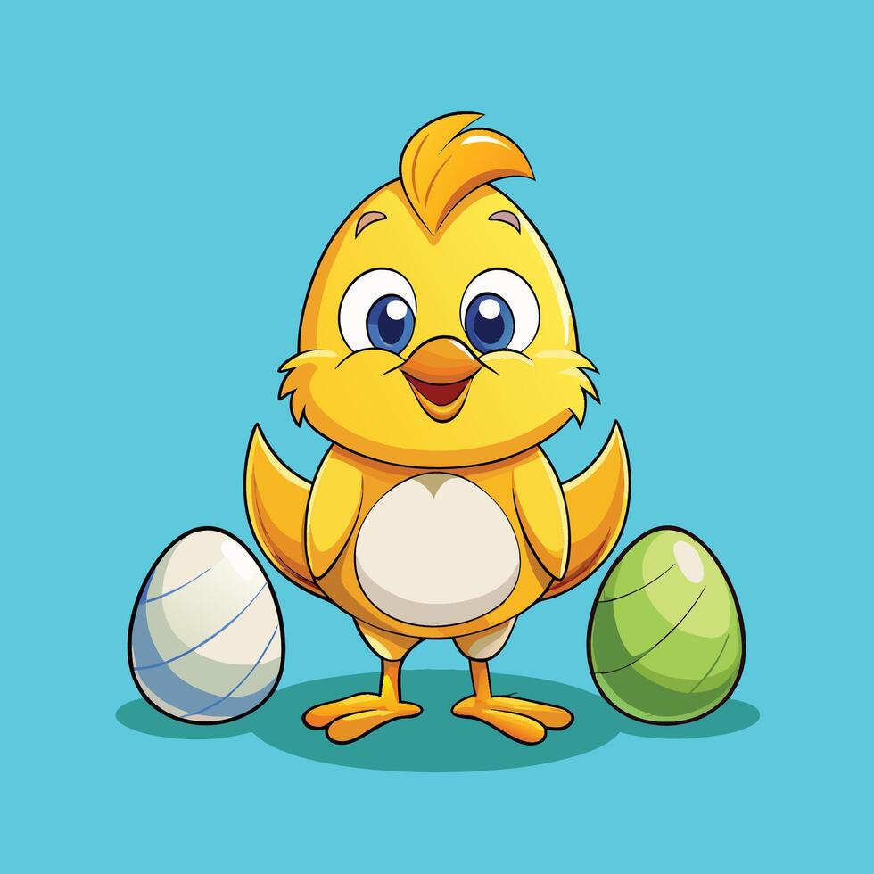 Adorable Cartoon Icon of a Cute Chick and Two Hatching Eggs vector