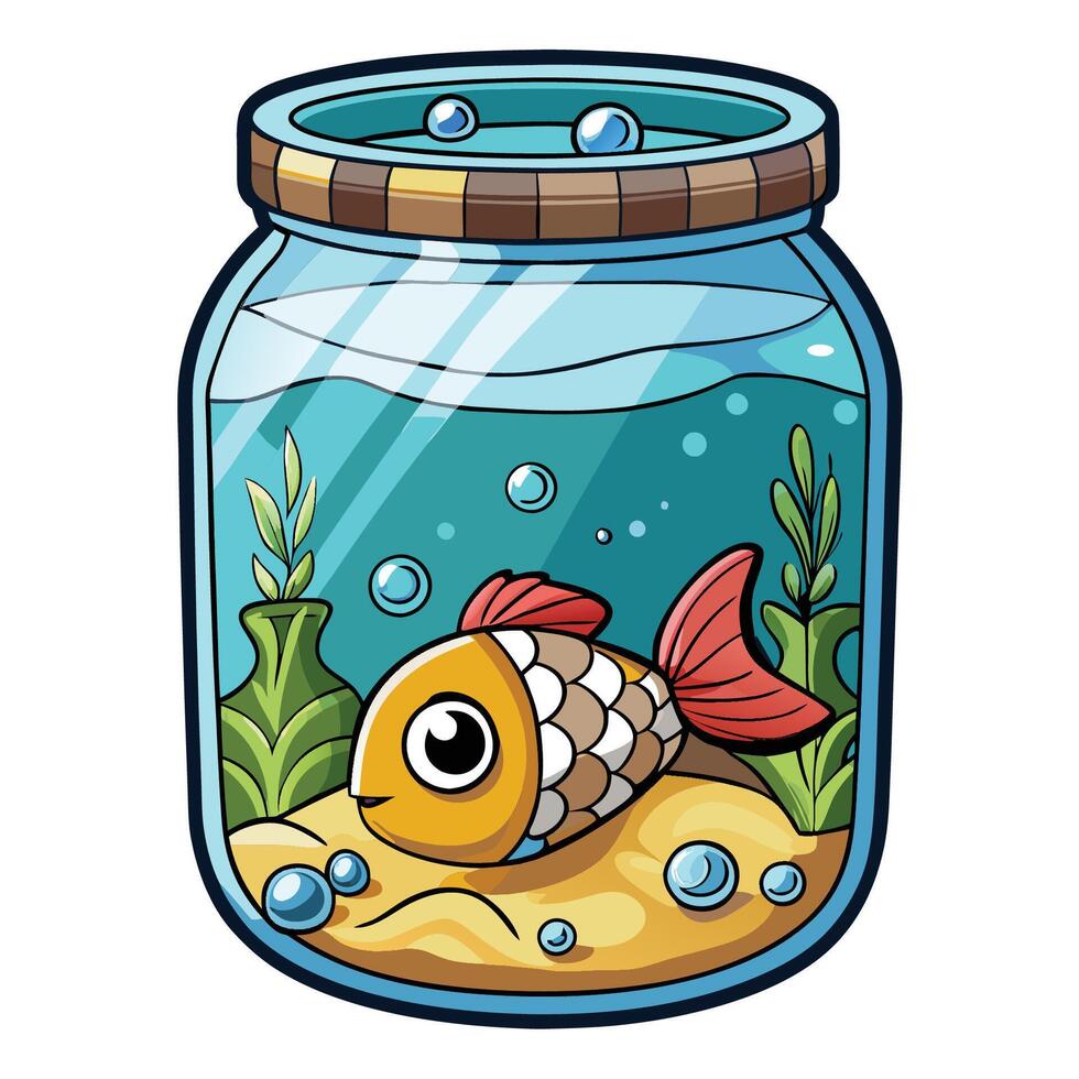 Cartoon Illustration of an Adorable Fish Swimming in a Transparent Jar vector