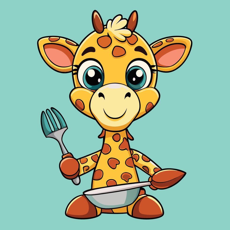 Adorable Cartoon Giraffe Dining with Utensils vector