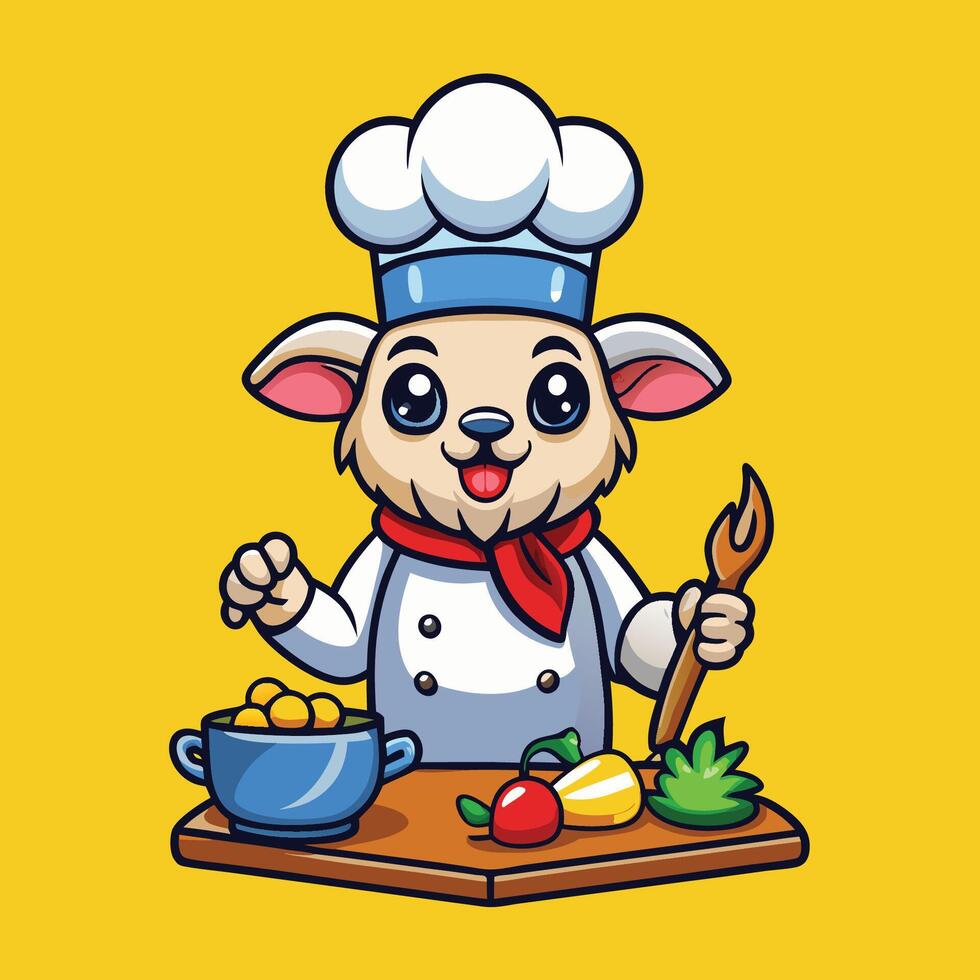 Adorable Goat Chef Cooking with Utensils in a Cartoon Style Icon Illustration vector