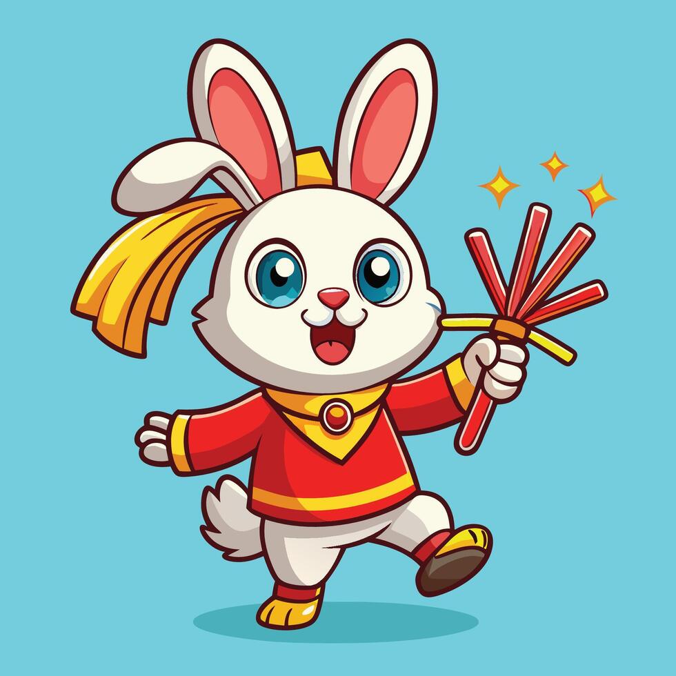 Adorable Chinese Rabbit Igniting Fireworks in Cartoon Capers vector