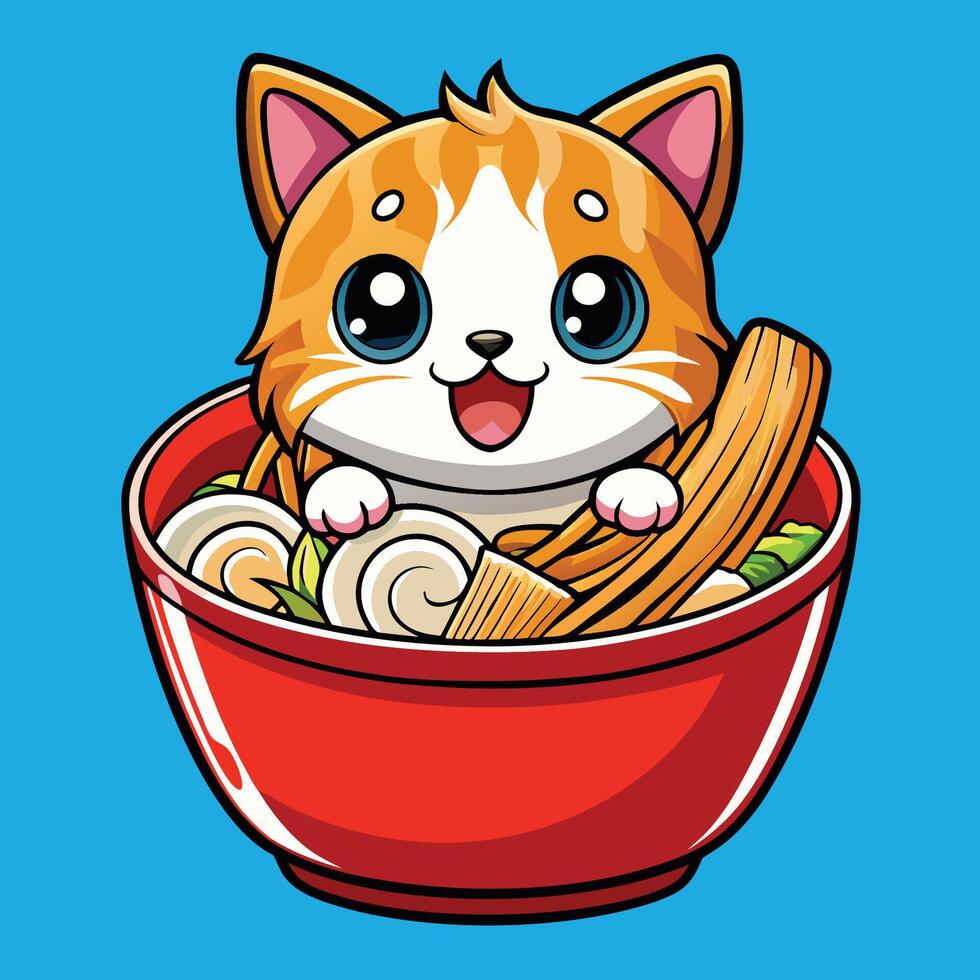 Adorable Cartoon Cat Swimming in a Bowl of Ramen Noodles vector