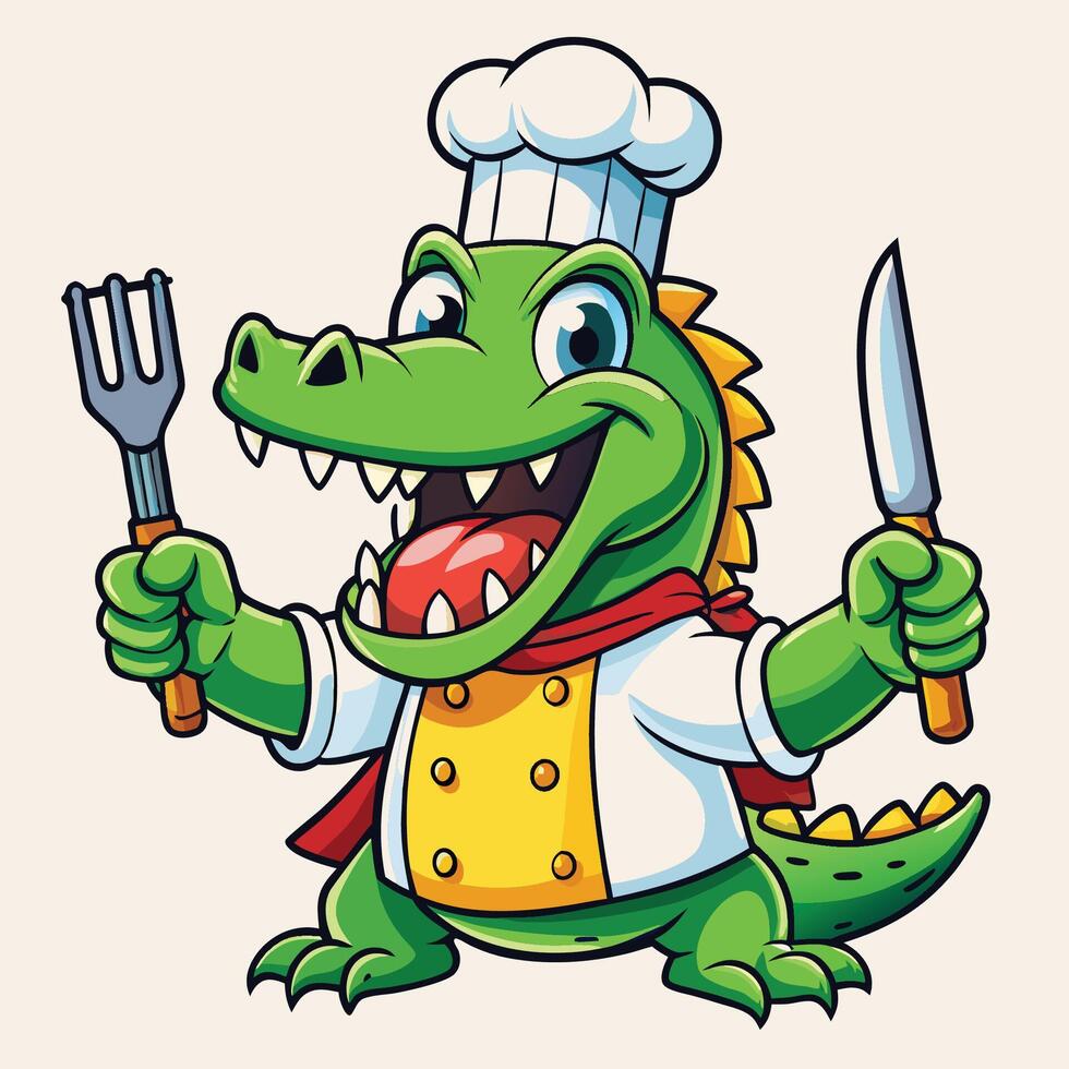 Amusing Crocodile Chef s Culinary Adventures with Knife and Fork vector