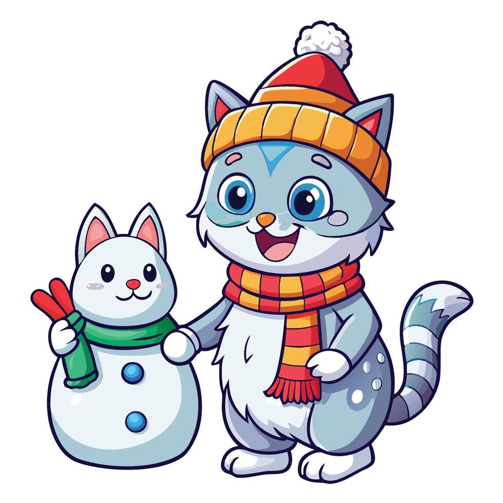 Adorable Cartoon Cat Building a Frosty Snowman in a Winter Wonderland vector