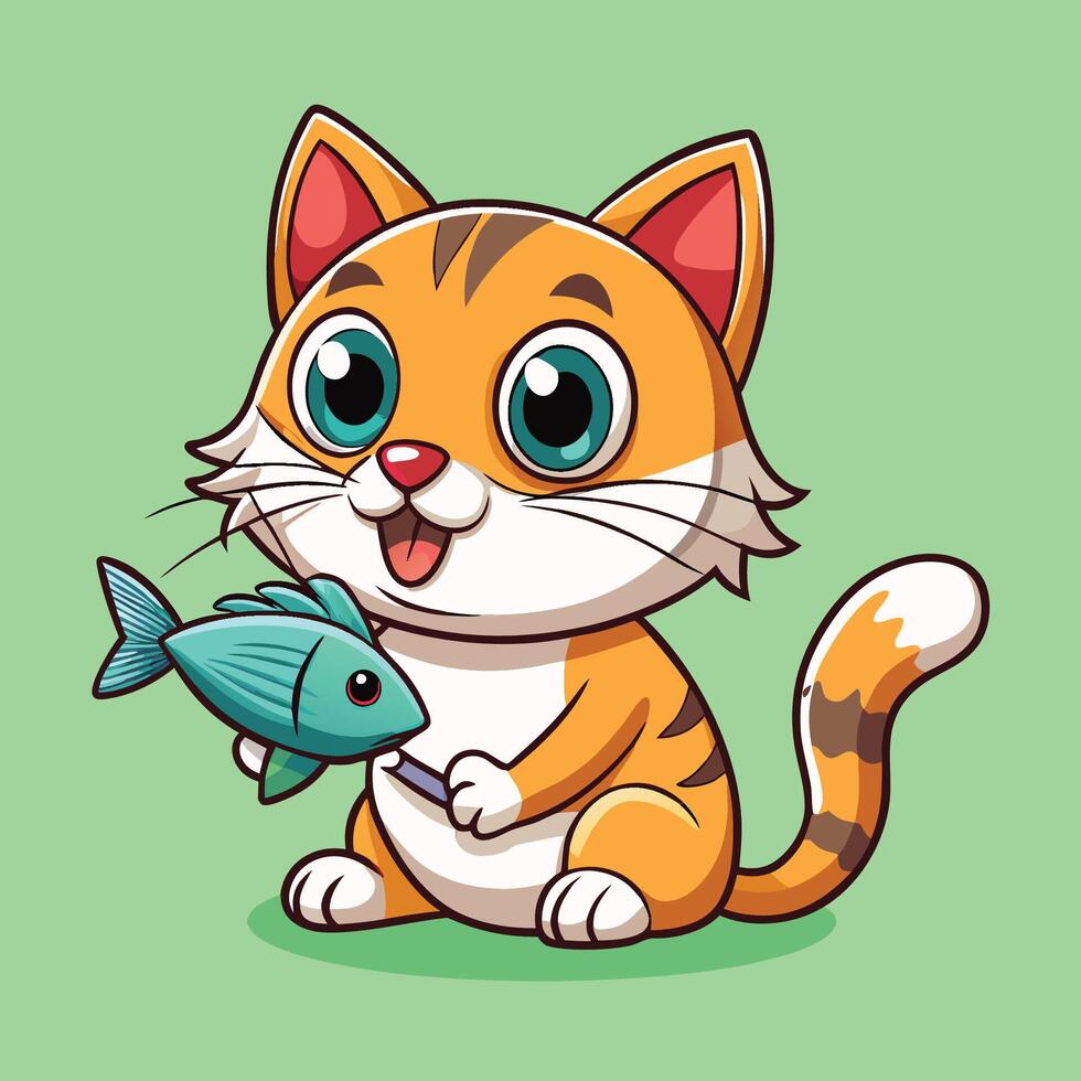 Adorable Cartoon Cat Delighting in a Fishy Treat on a White Background vector