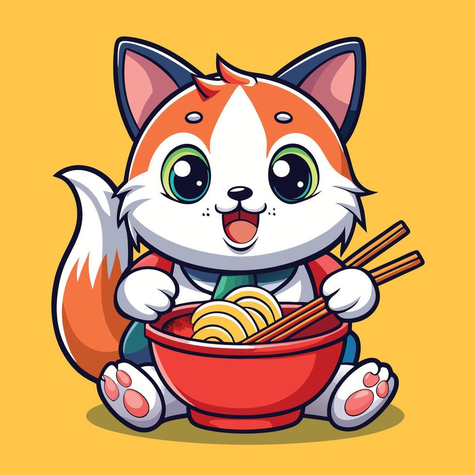 Adorable Cartoon Cat Savoring a Bowl of Ramen Noodles vector