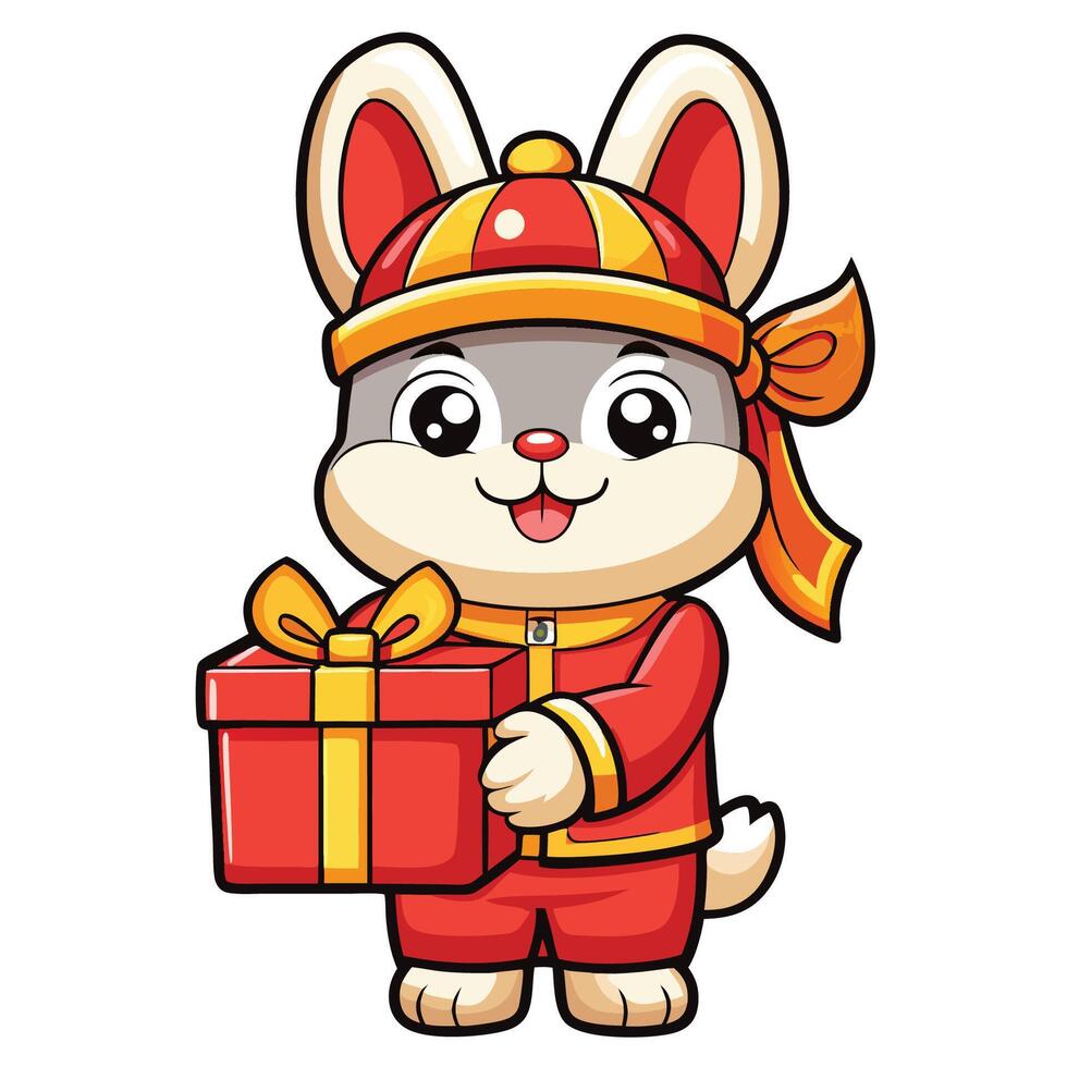 Adorable Chinese Rabbit Holding a Gift Box in Cartoon Style Image vector