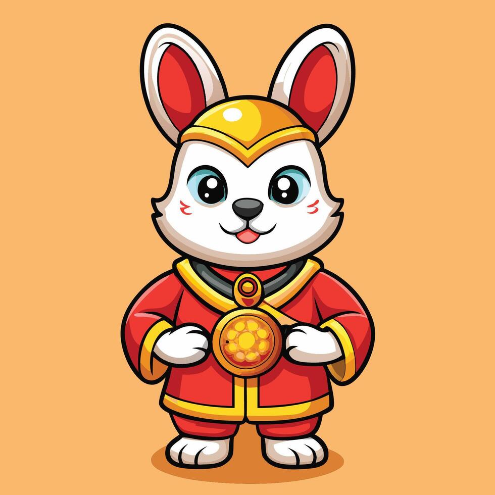Adorable Chinese Rabbit Holding Golden Coin for Decoration and Good Fortune vector