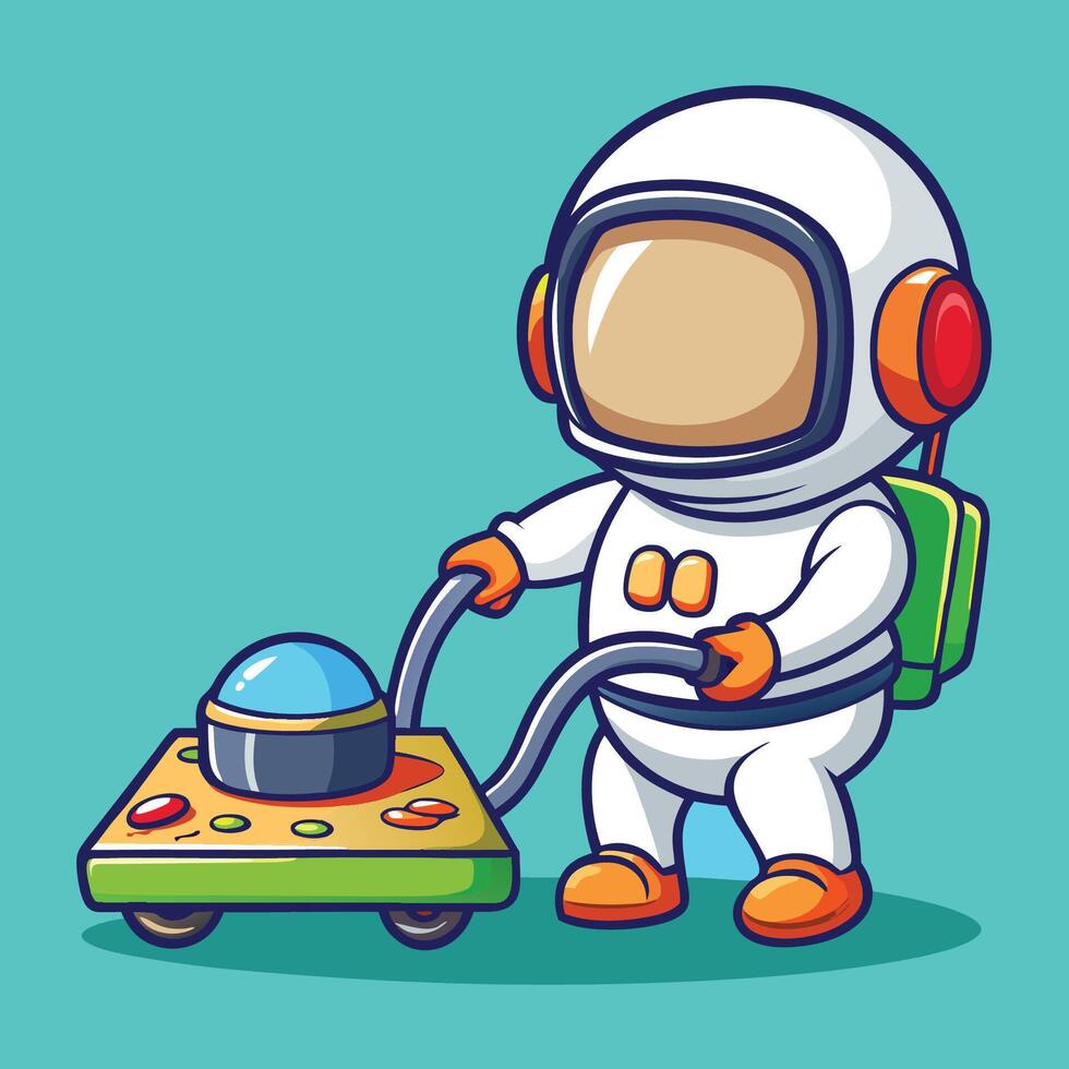 Astronaut Mows Pizza-Shaped Lawn in Outer Space with Lawn Mower vector