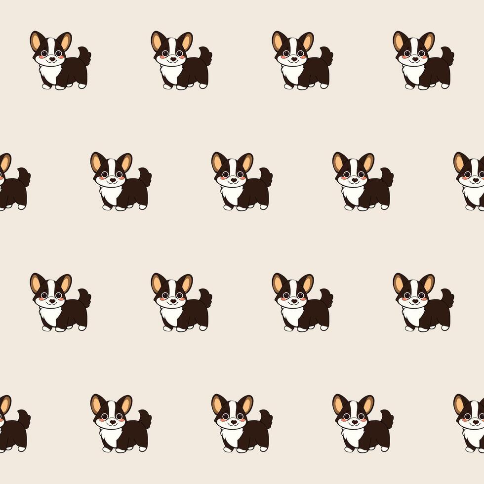 Small Cute Corgi Dog Cartoon Character Seamless Pattern Background. Adorable Domestic Pet Puppy Animal Textile Childish Print. Gift Wrapping Paper Decoration Design. Kawaii Dog Portrait. vector