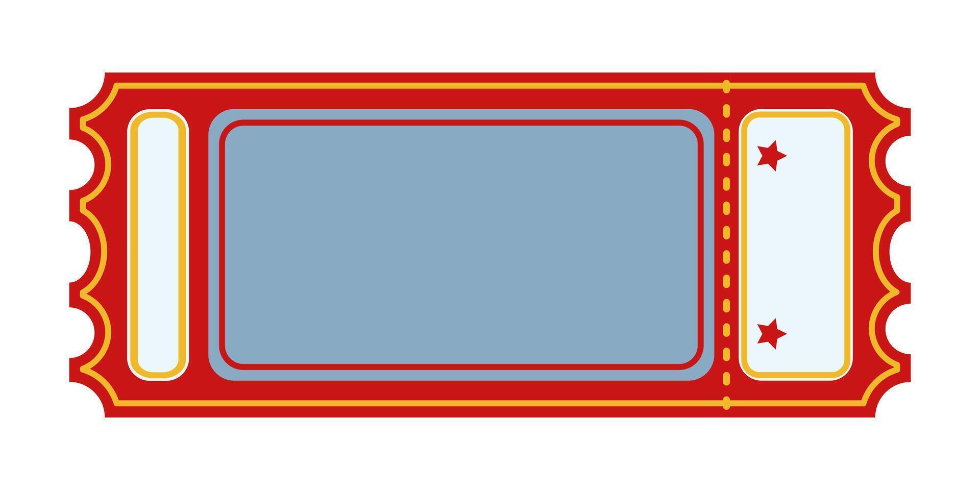 Colorful Circus Ticket Graphic. Red and yellow rectangular retro ticket template with blank space and perforated edges. Event admission concept for circus, carnival, theater, cinema, casino, club. vector